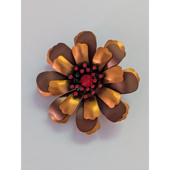 Vintage Gold & Brown Flower Brooch With Red Rhinestones Retro Floral Jewelry Pin - Picture 1 of 4